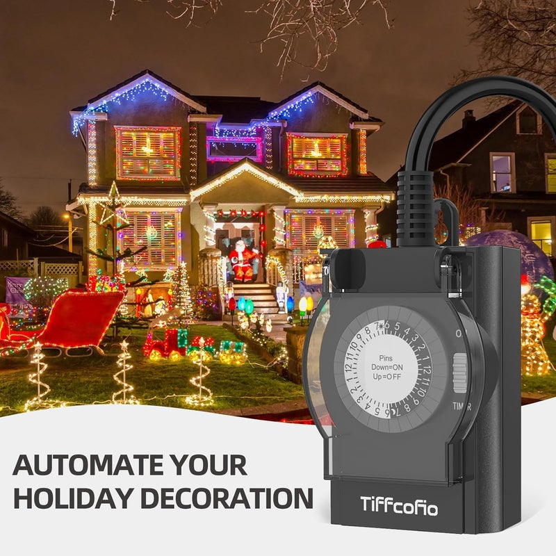 Tiffcofio Outdoor Timer Outlet Waterproof, 24 Hour Mechanical Light Timer Outdoor, 2 Grounded Outlets for Home and Garden, 15A 1/2HP, Heavy Duty, ETL Listed (1 Pack) - Image 4